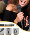 Dynamic Handheld Microphone For Singing And Karaoke With Sixteen Foot XLR To Quarter Inch Cable held by person singing