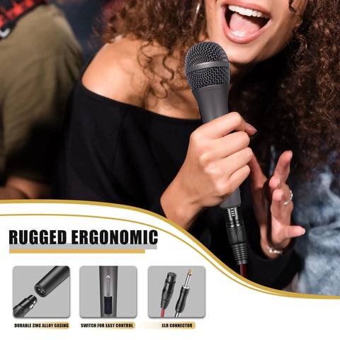 Dynamic Handheld Microphone For Singing And Karaoke With Sixteen Foot XLR To Quarter Inch Cable held by person singing