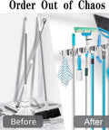 Before and after using Heavy Duty Mop And Broom Wall Mount Organizer With Metal Utility Hooks, neatly storing cleaning tools.