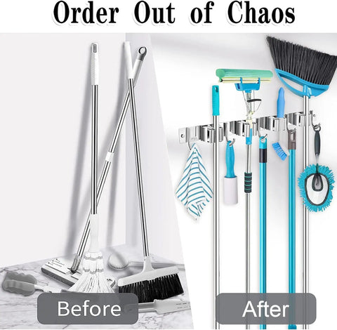 Before and after using Heavy Duty Mop And Broom Wall Mount Organizer With Metal Utility Hooks, neatly storing cleaning tools.
