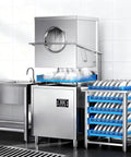 Pro No Frills Heavy Duty Commercial Dishwasher Freestanding Electric Hood Type Workhorse Stainless Steel Build in kitchen with dishes.