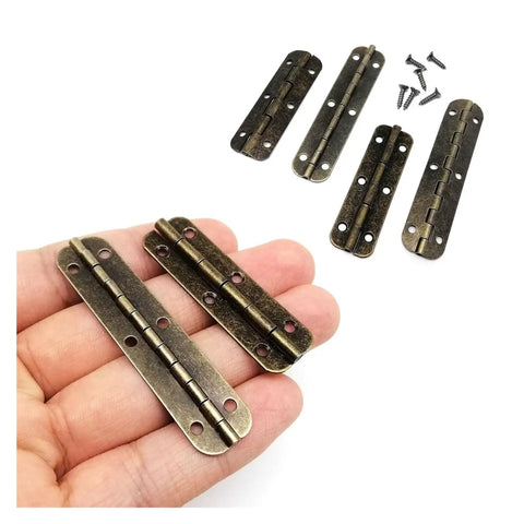 Hand holding 12 Piece Small Piano Hinges Set For Jewelry Boxes And Tiny Furniture, Beefy Iron Build With Screws displayed nearby