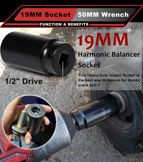 19mm Harmonic Balancer Socket And 50mm Crank Pulley Wrench Holder Kit for Honda, shown in use for damper bolt removal