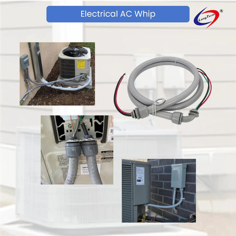 Main image of AC Hook Up Whip Kit With One Half Inch Non Metallic Liquid Tight Conduit And Ten Gauge THHN Wire Six Feet Long Includes Straight And Ninety Degree Non Metallic Connectors UL Approved Three Color Wires For Easy Hookups in use for HVAC connections.