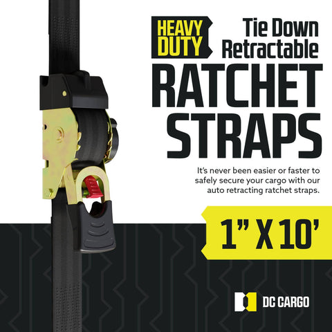 Auto Retractable Ratchet Straps 2 Pack 1 Inch By 10 Feet Beefy Heavy Duty Tie Down Straps With 1209 Pound Break Strength For Cargo