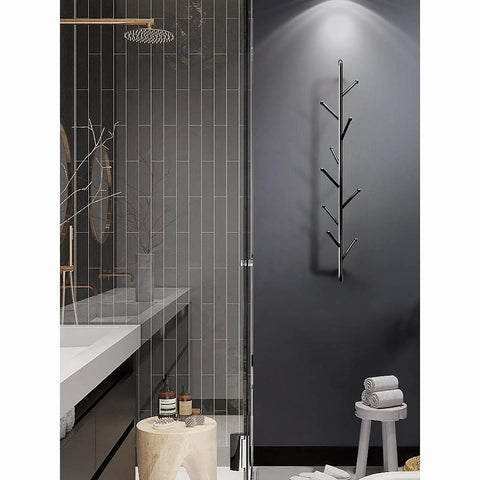Sleek Modern Wall Mount Coat Rack Heavy Duty Entryway Storage Hook Space Saving Hallway Organizer Durable Metal Bedroom Hanger mounted in bathroom.