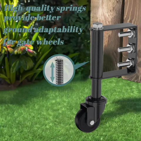 2 Pack 2 Inch Gate Caster Wheels For Wooden Gates, 100-200 Pound Capacity, installed view on wooden gate post