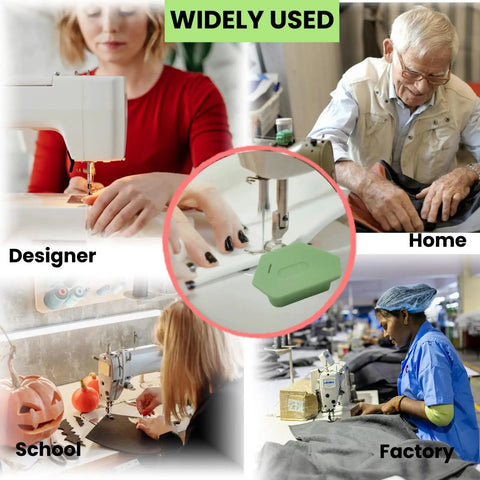 Collage showing Magnetic Seam Guide Set For Sewing Machines Upgraded Polygonal Hemmer with various sewing scenarios.