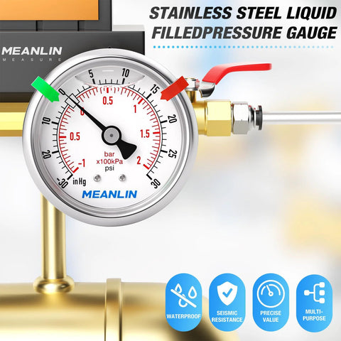 Meanlin Measure stainless steel liquid-filled pressure gauge, 2.5-inch dial, 1/8 NPT, -30inHg to 30psi, center-back mount