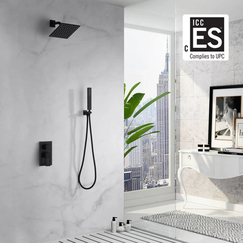 Modern bathroom with Matte Black Rainfall Shower System with 8 Inch Shower Head, easy clean silicone nozzles, sleek design