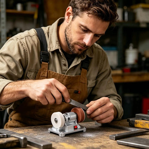 Powerful Mini Bench Grinder With 100W Brushless Motor delivers fast 6000 RPM grinding action for sharpening metal blades.