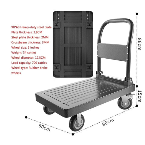 Folding Platform Truck Cart With Smooth Rubber Wheels Secure Brake And Heavy Duty Steel Frame For No Sweat Hauling Appliances Gear And Weekend Projects with dimensions and details.
