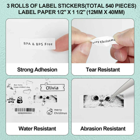 Three rolls of adhesive label stickers showing strong adhesion, tear resistance, and water resistance features.
