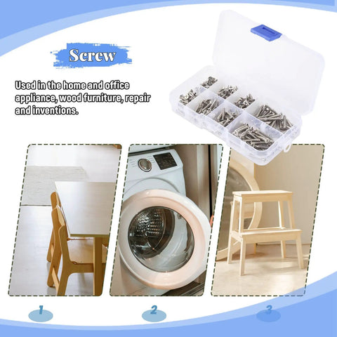 200 Pcs M3 Stainless Steel Flat Head Screws Set Heavy Duty High Strength Self Tapping Wood Furniture Fasteners in case