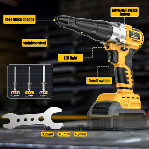 Experience Total Cordless Freedom With This Brushless Electric Rivet Gun, stainless steel, includes 3 rivet sizes for seamless fastening.