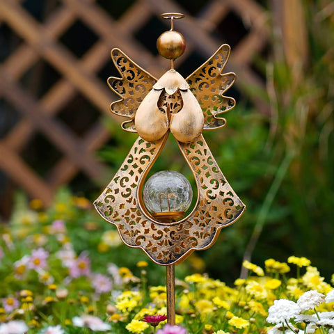 Angel Stake Solar Lights With Crackle Glass Globe Waterproof Warm White LEDs, 40.5 Inch Metal Bronze Garden Stake in garden