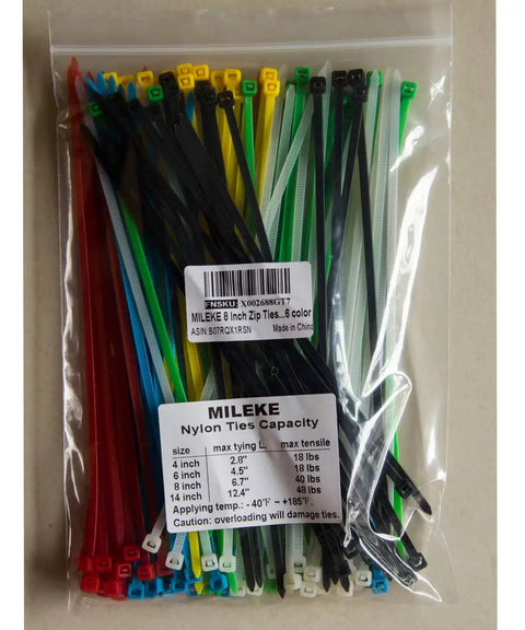 8 Inch Zip Ties Nylon Cable Ties 120 PC Set In 6 Multi Colors with packaging label visible showing dimensions and tensile strength.