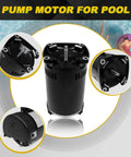 Beefy 1.5 HP Pool Pump Motor Single Speed Square Flange Direct Replacement Fits Pentair Whisperflo StaRite And AOSmith Century B2854 B854 Models showing motor top and bottom views.