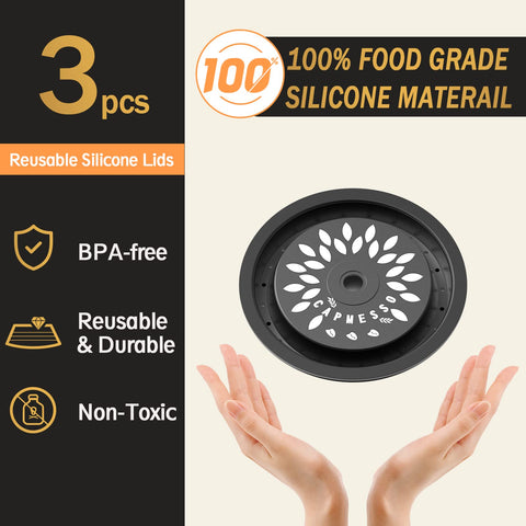 Reusable Nespresso Vertuoline Capsule Lids, Food Grade Silicone Caps That Fit All Pod Sizes, displayed in hands