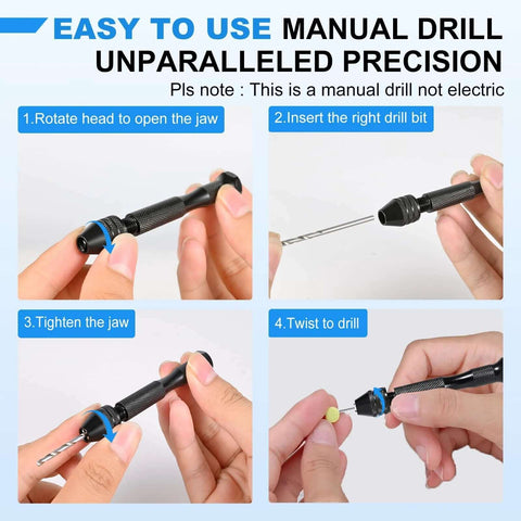 Manual pin vise jewelry drill with 0.5–2.5 mm micro bits; four-step setup showing rotate, insert, tighten, drill.