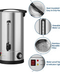 Heavy Hitter Double Wall Stainless Steel Coffee Urn Commercial Hot Beverage Dispenser Holds 110 Cups features easy grip handle and water level indicator.