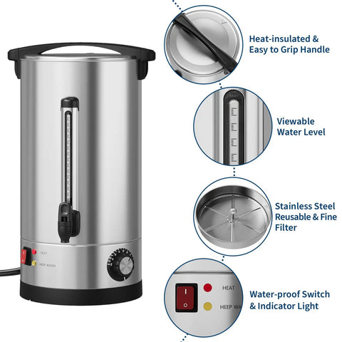 Heavy Hitter Double Wall Stainless Steel Coffee Urn Commercial Hot Beverage Dispenser Holds 110 Cups features easy grip handle and water level indicator.