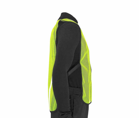 Side view of High Visibility Safety Vest For Work Sites Yellow Lime Open Mesh With 1 Inch Reflective Tape Prismatic Stripes on mannequin