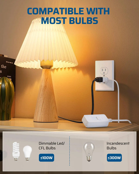 "Plug In Lamp Dimmer Switch For Dimmable LED CFL And Incandescent Bulbs connected to lamp on table"