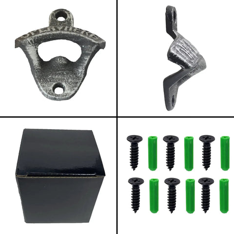Vintage Cast Iron Beer Bottle Opener Wall Mounted Screw Post Set With Antique Aged Silver Finish Heavy Duty Rustic Hardware includes opener and screws