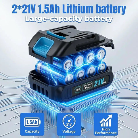 21V Brushless Cordless Drill Driver Kit With Dual Batteries And Quick Charge Station, Heavy Hitter 64.9 Nm Torque, shows 2*21V 1.5Ah lithium battery.