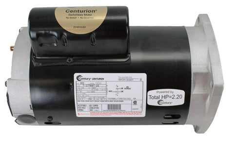 Top Shelf 2Hp 56Y Frame Square Flange Swimming Pool Motor With Rock Solid Corrosion Resistant Housing And Hella Simple Wiring For Fast DIY Pool Fixes, showing motor with label and silver end.