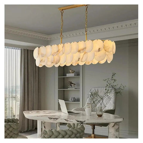 Ceiling Pendant Light, Luxury Natural Marble Design Modern Chandeliers for Living Room Bedroom Dining Kitchen Ceiling Pendant Light Lustre Fixture(Warm Light,L100CM) over a stylish marble table in an office setting.
