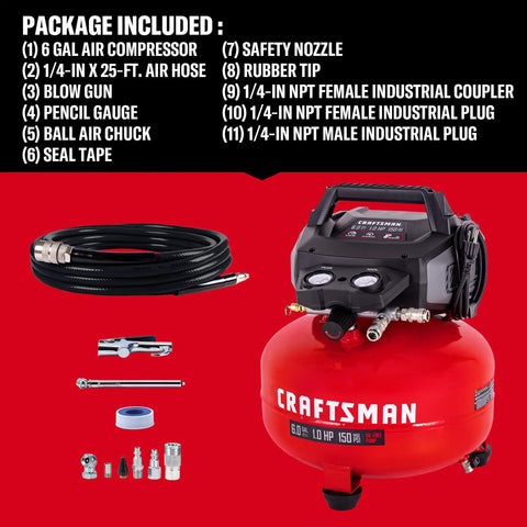 Craftsman 6 Gallon Oil Free Pancake Air Compressor delivering 150 PSI With 10 Piece Accessory Kit. This Reliable Compact Unit Features A One Horsepower Motor For Fast Recovery And Steady Airflow Perfect For Nailing Stapling And Inflation Around The