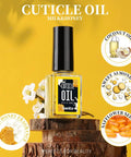 Bottle of Milk & Honey Cuticle Oil with natural ingredients like coconut oil, sweet almond oil, safflower seed oil on yellow background.