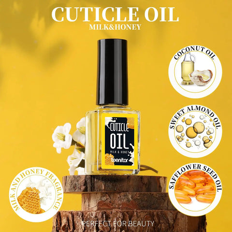 Bottle of Milk & Honey Cuticle Oil with natural ingredients like coconut oil, sweet almond oil, safflower seed oil on yellow background.