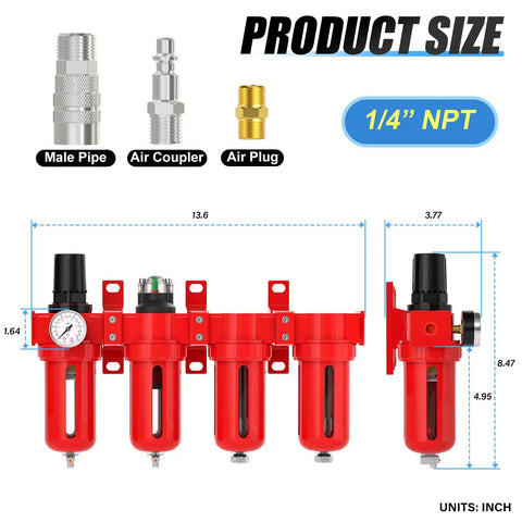Pro Grade Four Stage Aluminum Air Drying System With Coalescing Filter Particulate Filter Double Desiccant Dryer And Air Regulator Manual Drain One Quarter Inch NPT Ports dimensions