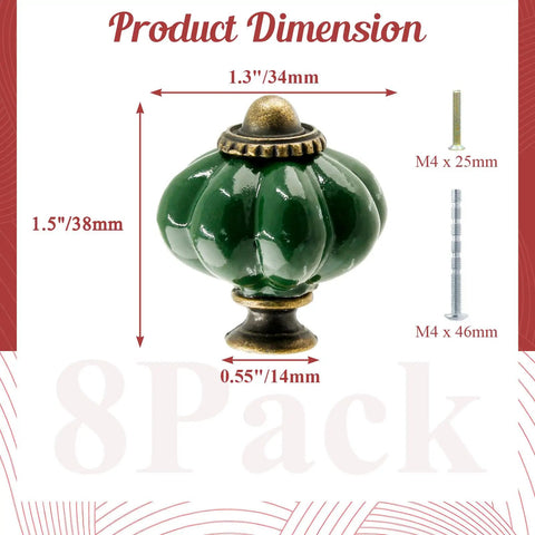 Product dimensions for 8-Piece Ceramic Pumpkin Cabinet Knobs in Dark Green with Dope Vintage Vibe for Vanity, Closet and Cupboard.
