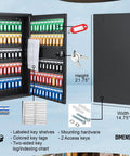Built Tough Wall Mount Key Lock Box With 100 Numbered Hooks For Secure Office And Business Use Steel Combo Key Cabinet open showing hooks and keys.