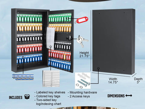 Built Tough Wall Mount Key Lock Box With 100 Numbered Hooks For Secure Office And Business Use Steel Combo Key Cabinet open showing hooks and keys.