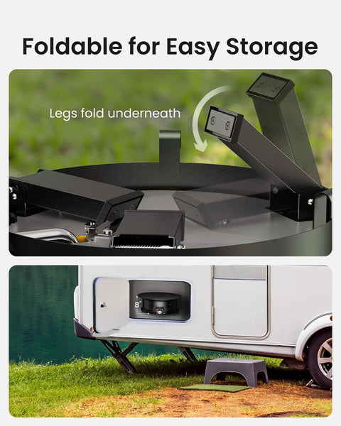 58,000 BTU Portable Propane Fire Pit With Grill Grate Folding Legs Tank Holder Hose Hooks Cover And Carry Strap 19 Inch Cast Iron Grate Camping Ready Backyard Blaze Pit For Patio Or Campouts showing foldable legs for storage.