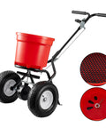 90 Pound Broadcast Spreader Walk Behind For Lawn Care And Yard Maintenance With 12.5 Inch Pneumatic Wheels Big 90 Lb Hopper