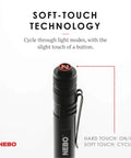 EDC Pen Light Flashlight 360 Lumens, Rechargeable USB or AAA Powered, close-up of soft-touch button for cycling modes