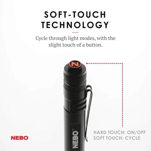 EDC Pen Light Flashlight 360 Lumens, Rechargeable USB or AAA Powered, close-up of soft-touch button for cycling modes