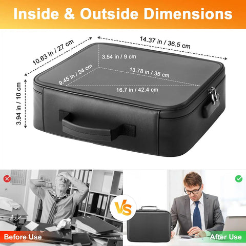 Fireproof Waterproof Document Bag With Lock Portable Organizer For Your Important Files Passport Certificates And Cards Travel Case With Zipper For Laptop shown with dimensions and use scenarios