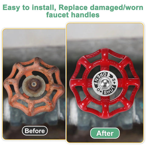 Before and after of Heavy Duty Red Painted Cast Iron Outside Faucet Handle For 8x8mm Square Stem Spigot Valve Kit installation.