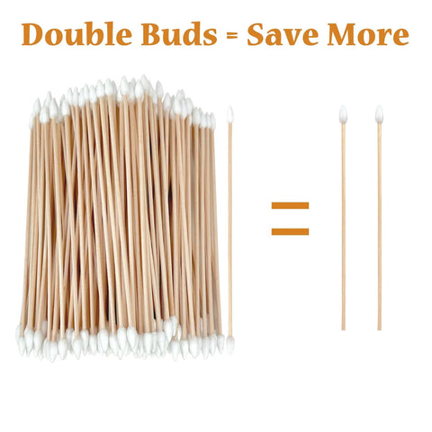 Front view: stack of 6-inch bamboo cotton swabs, double-ended with white tips, 200-count (400 tips)
