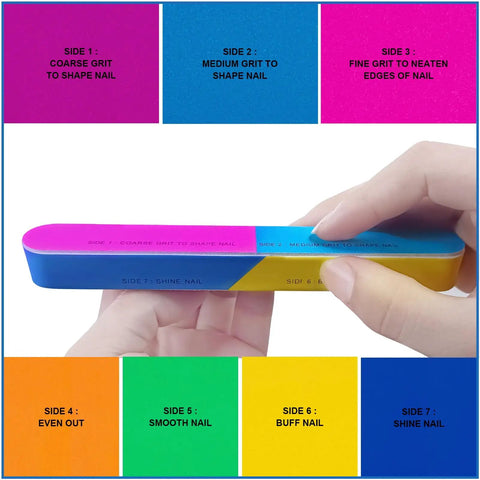 All In One Nail File And Buffer Kit Pack Of 16 showing a hand holding 7-way buffer with labeled sides for various nail care steps.