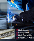 Flux Core Welding Wire.030 E71T-GS in action with smooth arc, low spatter features, close-up on welding process.