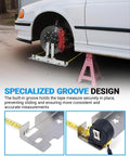 Pro Grade DIY Friendly Wheel Alignment Tool Set installed on car with stainless steel toe plates and measuring tapes in use.