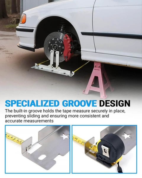 Pro Grade DIY Friendly Wheel Alignment Tool Set installed on car with stainless steel toe plates and measuring tapes in use.